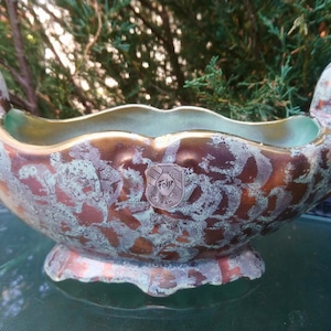 Fohr Keramik 1950s Marked Foreign 796, German Table Vase Or Decoration, Green, Gold, Double Handled Vintage Ceramic German Planter Pot, Deco