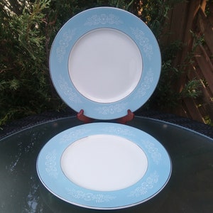 W.H. Grindley & Co., Satin-White Ironstone, "Fleurette" Pattern, Blue Rim With White Leaves And Scrolls, Platinum Trim, Two Dinner Plates