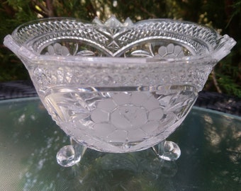 Vintage Ornate Footed Crystal Glass Bowl, Frosted Flower Decoration, Trinket Dish, Candy Bowl, Candy Dish, Table Decoration, Collectible