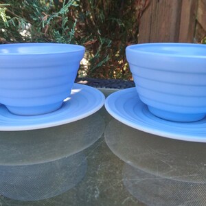 Vintage Hazel Altas, Moderntone Platonite Two Cups And Two Saucers Pastel Blue Glass, Vintage 1940s Tableware, Collectible Hazel Atlas Glass