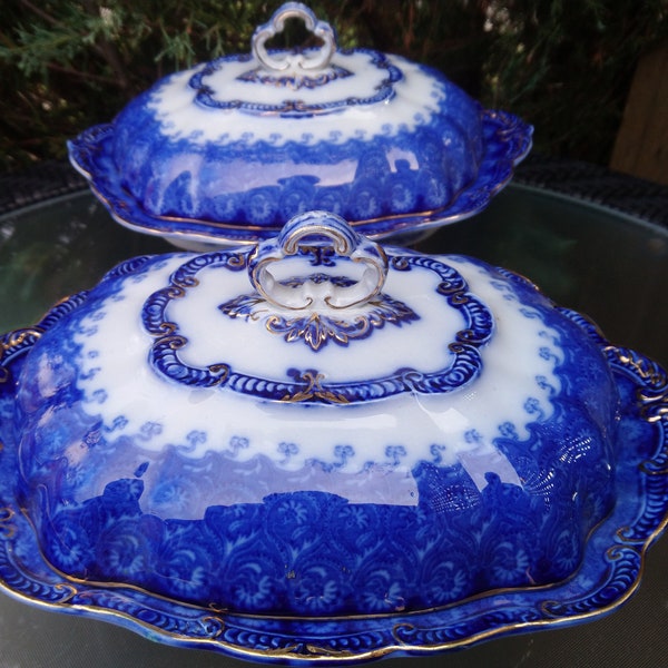 Antique Ridgways, Cavendish Pattern, Flow Blue,1891-1904, Antique Tureens, Set Of Two, Flow Blue China, Royal Semi Porcelain, Lidded Bowls