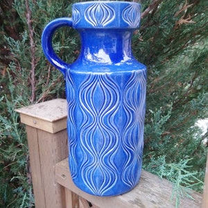 Scheurich West German Vintage 1960s Pottery, Blue Jug Or Vase, 485-2G, Table Decor, West German Pottery, Brown Interior, Handled Pottery Jug