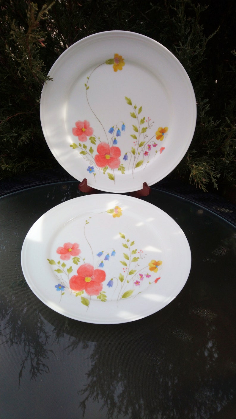 Floral Motif Coral Yellow Blue Flowers White Background Deco Discontinued 1974-1996 Mikasa Just Flowers Bone China Two Side Plates