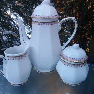 Vintage Winterling Roslau Bavaria Coffee Pot, Sugar Bowl And Creamer Set, Curved Spout, Quality Porcelain, Gold Decoration And Trim Decor