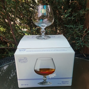 Belfor And Company, Bohemian Crystal, Set Of Four Brandy Snifters, Cognac Snifters, Barware Glasses, One Glass Labeled, Crystal Glassware