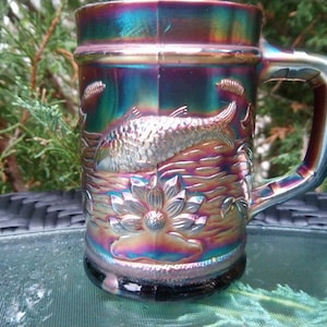 Dugan Carnival Glass Fisherman's Mug, Early 1900s Iridescent Collectible Glassware Drinking Mug, Art Glass Fish Motif Heavy Glassware Decor