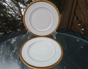 Vintage Royal Doulton English Fine Bone China, Royal Gold H. 4980 Pattern, Set Of Two Salad Plates, Gold Encrusted Edge, Gold Verge On White