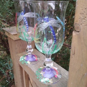 Vintage Hand Painted Dragonfly Goblets, Drinking Glasses, Multi Colored Decoration, Vintage Stemware Barware Glasses, 1980s, Two Glasses