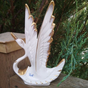 Capodimonte Signed By Zuccotti Made In Italy Porcelain Swan Figure, Italian Figurine, Porcelain Swan, Collectible, White With Gold Accents