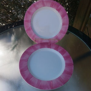 May include: Two pink and white ceramic dinner plates with a striped design. The plates are stacked on top of each other.