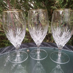 Vintage Crystal Water Or Lemonade Glasses, Barware Glasses, Clear Bowl And Stem, Gold Trim, Set Of Three, 16 Ounce Capacity Crystal Stemware
