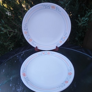 Corelle By Corning, USA, Apricot Gove Pattern, Set Of Three Dinner Plates, Discontinued 1997-2018, Peach Flowers, Gray Leaves On White Plate