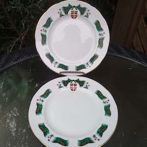 Ridgway Potteries Ltd., Royal Adderley, Newfoundland Tartan Pattern, Discontinued 1962-1964, Two Salad Plates, Green, Red Tartan, Gold Trim