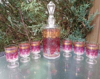 Vintage Barware, Made In France, Cranberry Decanter, Six Matching Cordial Glasses, Stemmed Shot Glass, Cranberry And Gold Decor, One Ounce