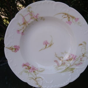 Antique 1888-1896 H And Co L France Haviland And Co Limoges One Soup Bowl, Scalloped, Pink Flowers, Green Brown Leaves, Gold Trim On White