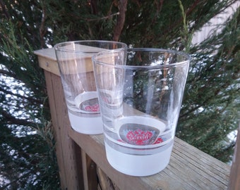 Set Of Two Smirnoff Vodka Collectible Barware Glasses, Heavy Base, Vodka Rocks, Or Mixed Drink Glasses, Vintage Barware, Red White Label