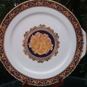 T. Limoges Bacchus Designed In France, Two Handled Cake Plate, Cobalt, Tan Scrolls, Gold Trim And Decoration, Bacchus Face On White Plate