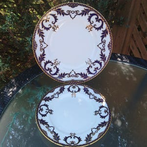 Royal Crown Derby Majesty Pattern, One Dinner Plate, One Salad Plate, Discontinued 1981-1987, Cobalt Blue Gold Design Gold Trim, Bone China