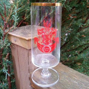 Vintage &quot;Schloss Brau&quot; Collectible German Stemmed Beer Glass, Barware Glass, Vintage Barware, Red Label, Gold Trim, European Barware, Decor