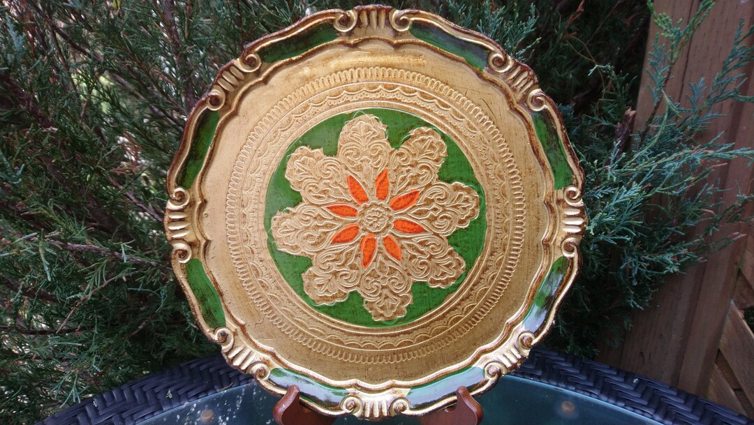 Vintage Florentine Tray Made in Italy Gold 1960s Red Floral Center ...