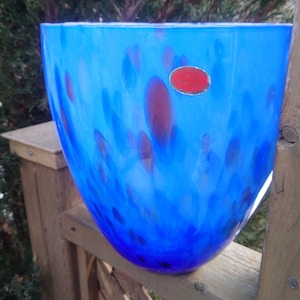 Murano Lavorazione, Made In Italy, Spotted Blue Glass Vase, Vintage Blown Art Glass, Labeled, Italian Art, Vibrant Blue With Colored Spots,
