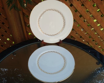 Shelley Exclusive, Lichfield, "Lady Eleanor" Pattern, Set Of Two Dinner Plates, Gold Laurel On Verge, Scalloped, Gold Trim, Vintage Plates