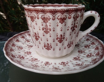 Copeland Spode &quot;Fleur De Lys&quot; Pattern Coffee Cup With Saucer, Earthenware, Discontinued 1955-1973, Brown Fleur De Lys On White Background