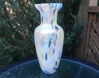 verre d’art vintage 14.5 « vase coloré, vase à fleurs ou vase de table, fabriqué en Italie, verrerie soufflée, verre d’art tacheté