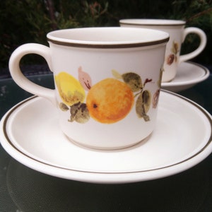 Johnson Brothers &quot;Summer Gold&quot; Pattern, Vintage 1979, Table Plus, Various Fruit Design, Set Of Two Coffee Or Tea Mugs, With Saucer Plate