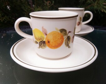 Johnson Brothers "Summer Gold" Pattern, Vintage 1979, Table Plus, Various Fruit Design, Set Of Two Coffee Or Tea Mugs, With Saucer Plate