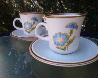 Mikasa Natural Beauty Cornflower Pattern C9007 Discontinued 1976-1979 Two Coffee Cups Or Teacups With Saucer Blue Flowers brown Trim Decor