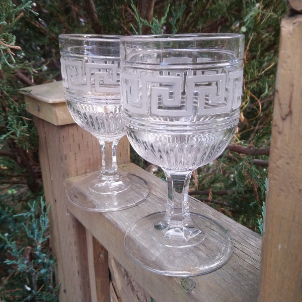 Antique Union Glass Company, Circa 1860s, Two Water Goblets, Pressed Glass, Roman Key, Collectible Glassware