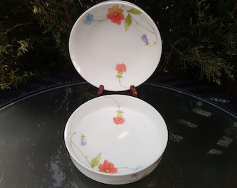 Mikasa "Just Flowers", Two Coupe Soup Bowls, Discontinued 1974-1996, Coral, Yellow, Blue Flowers, White Background, Floral Motif, Deco