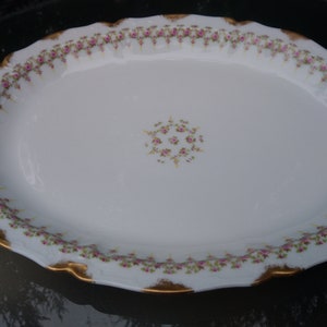Theodore Haviland Limoges 1890-1910 Oval Serving Dish, Pink Flowers, Green Leaves, Gold Trim, Two Handled Platter Floral Center, Collectible