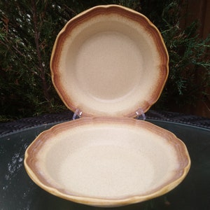 Vintage Mikasa &quot;Whole Wheat&quot; Pattern, Discontinued 1976-1993, Two Stoneware Bowls, Cream Center, Brown Scalloped, Fluted Edge, Brown Bowls
