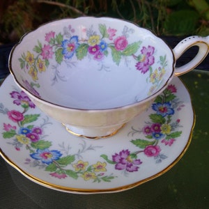 Coalport Maytime Pattern, One Teacup And Saucer, Multi Colored Floral, Gold Trim, Scalloped Edge, Footed Cup,