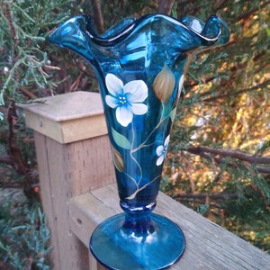 Vintage Fenton, Hand Painted By S. Waters, Small Blue Vase, Floral, Signed By Artist, Art Glass Vase