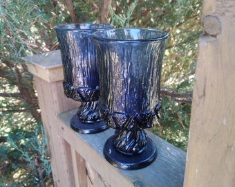 Vintage Fostoria Sorrento Blue Discontinued 1971-1974, Water Goblets, Barware Glasses, Drinking Glasses, Set Of Two Heavy Pressed Blue Glass