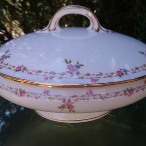 B&C Limoges France L. Bernardaud And Co. Limoges Antique Lidded Serving Bowl, Vegetable Serving Dish, Two Handled Footed Bowl, Pink Flowers