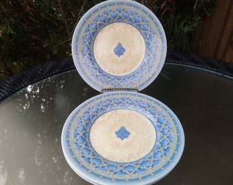 Churchill, Ports of Call, Praque Design, Made in England, Jeff Banks  London, Set of Three 7 Side Plates, Beige, Blue Decor, Smooth Rim 