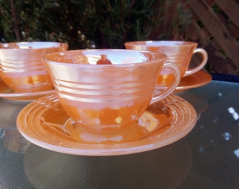 Vintage USA Anchor Hocking Fire King Lusterware Peach Cups And Saucers, Glass Tea Cups, Coffee Cups, Collectible, Table Decor-Set Of Three