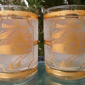 Mid Century Culver Glassware, 22K Gold Detail, Textured Glassware, Set Of Two Steamboat Collectible Barware Whisky Tumblers, Lowball Glasses