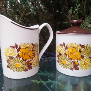 Vintage Johnson Brothers Sugar Bowl, Cream Pitcher Ironstone, Orange, Yellow, Olive Flowers, Brown Leaves And Trim, Tea Or Coffee Set, Decor