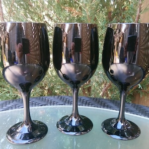Set Of Three Libbey Black Wine Glasses, Barware Glasses, Collectible Glassware, Stemmed Glassware, Black Stemware Wine Goblets, Libbey Glass