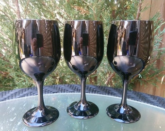 Set Of Three Libbey Black Wine Glasses, Barware Glasses, Collectible Glassware, Stemmed Glassware, Black Stemware Wine Goblets, Libbey Glass