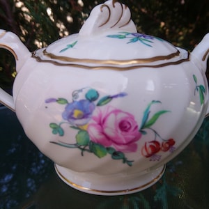 Clarice Cliff Reproduktion Olde Bristol Porzellan Designed by Duvivier, Newport Pottery Co. England, Zuckerdose, Florales Dekor, Goldbesatz
