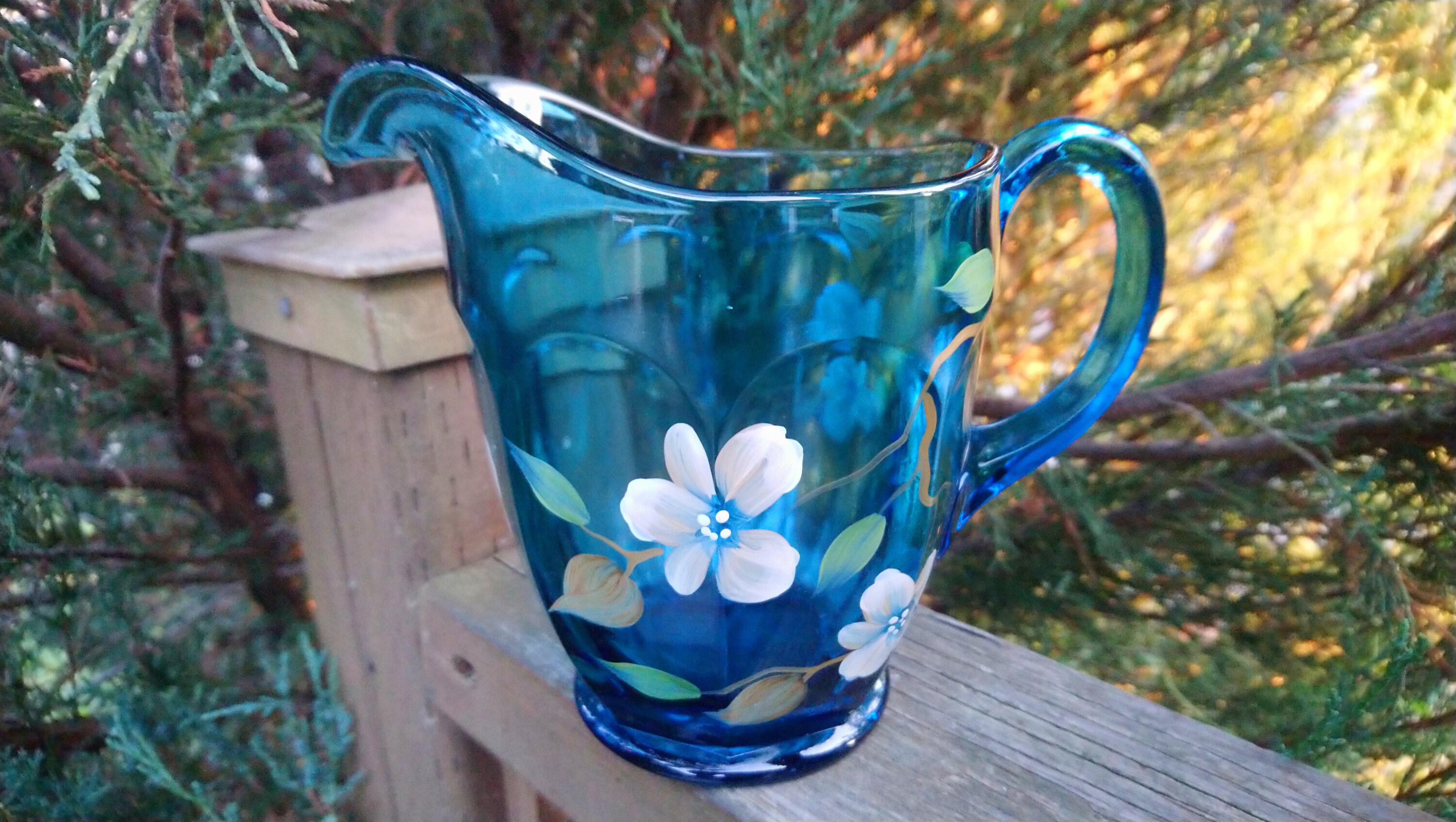 Fenton Art Glass, Hand Painted by K. Riley, Blue Glass Two Cup