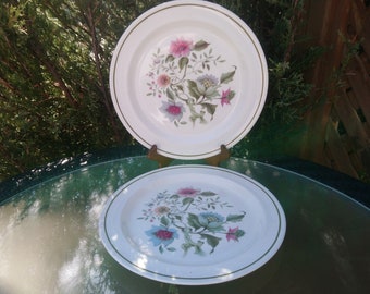 Puede incluir: Dos platos de cerámica blanca con un diseño floral. Los platos tienen un borde verde y presentan flores rosas, blancas y verdes.