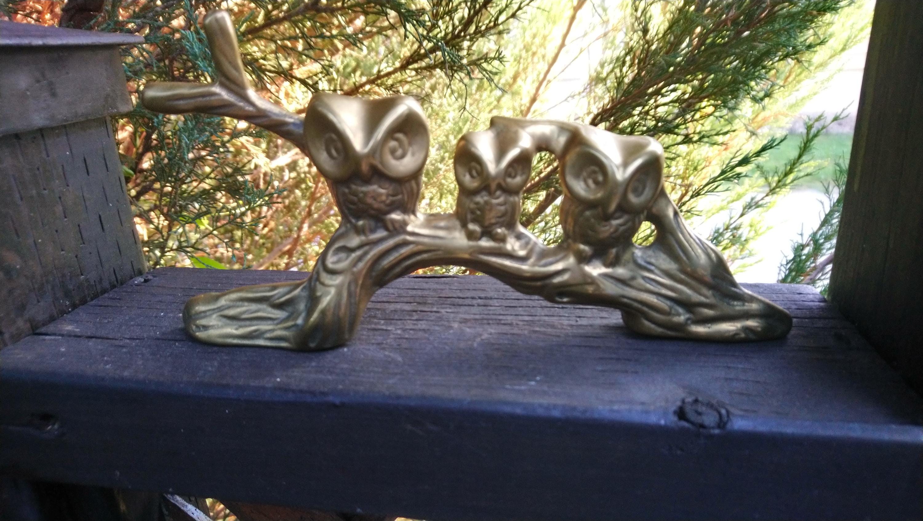 Vintage Solid Brass Figure, Three Owl Figurine On Branch, Metal Figurine, Collectible