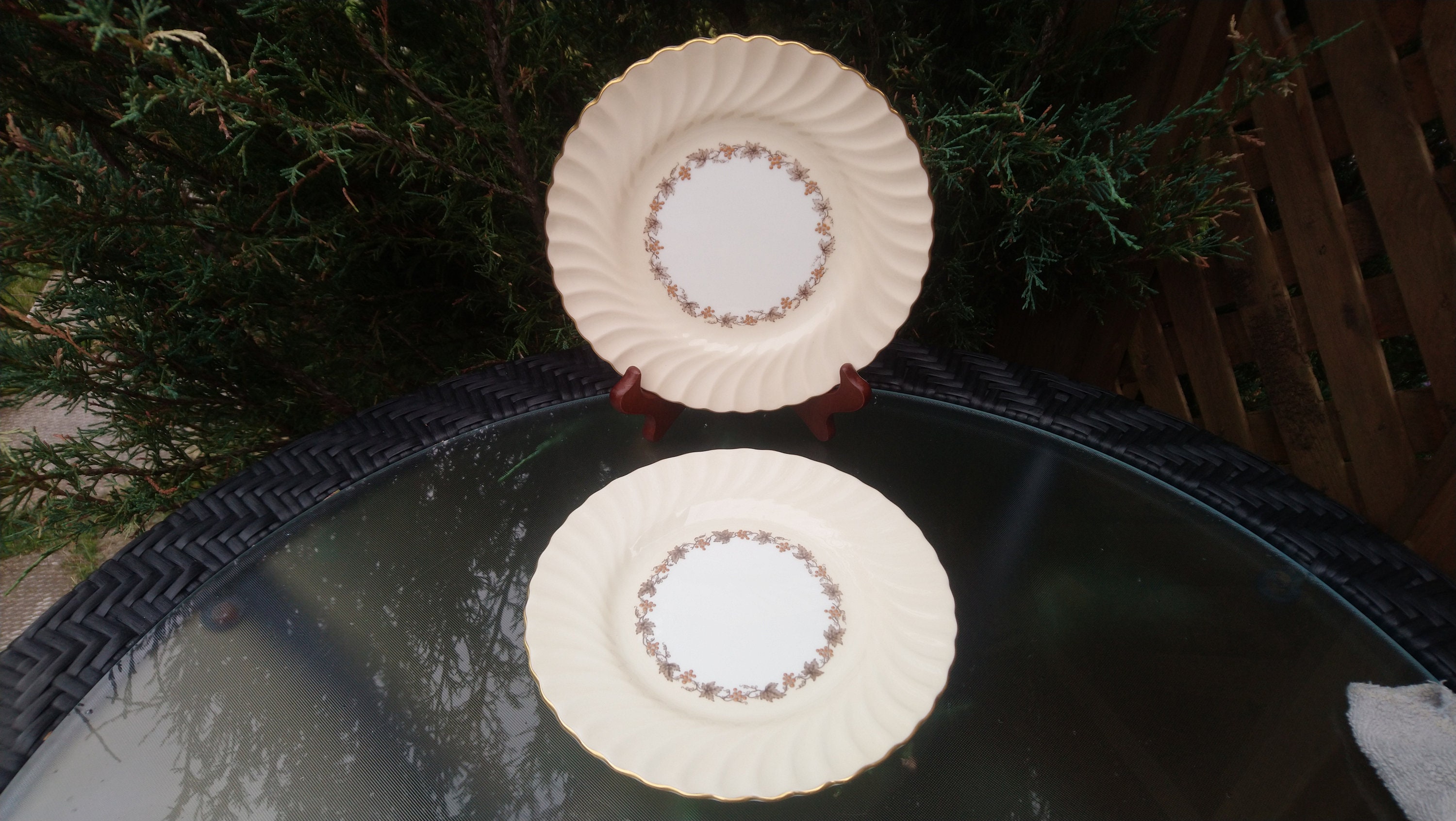 Minton "Vineyard" Pattern, Discontinued 1943-1960, Buff Swirl Rim, Leaves And Grapes Verge, Two Salad Plates, Gold Trim,